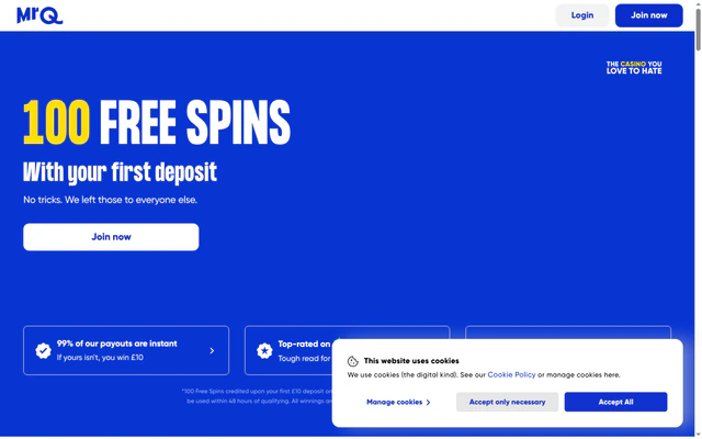 MrQ home page as captured: the MrQ wordmark with Login and Join now buttons over a blue welcome banner, a row of tiles below it and a cookie notice in the lower right corner.